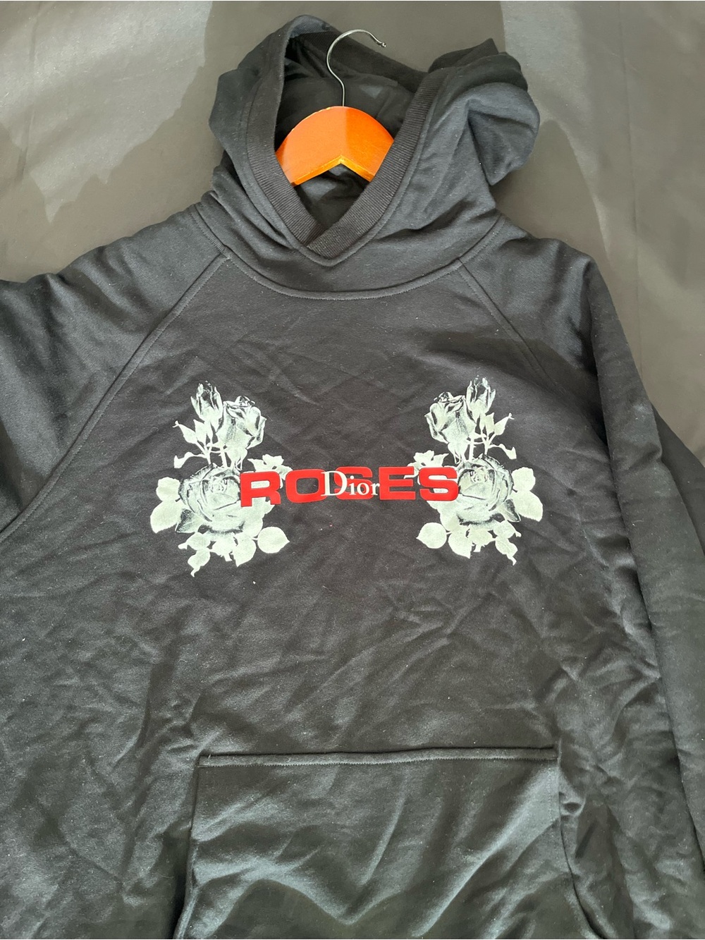 Dior Black Hoodie with Red 'ROSES' Logo and White Floral Print